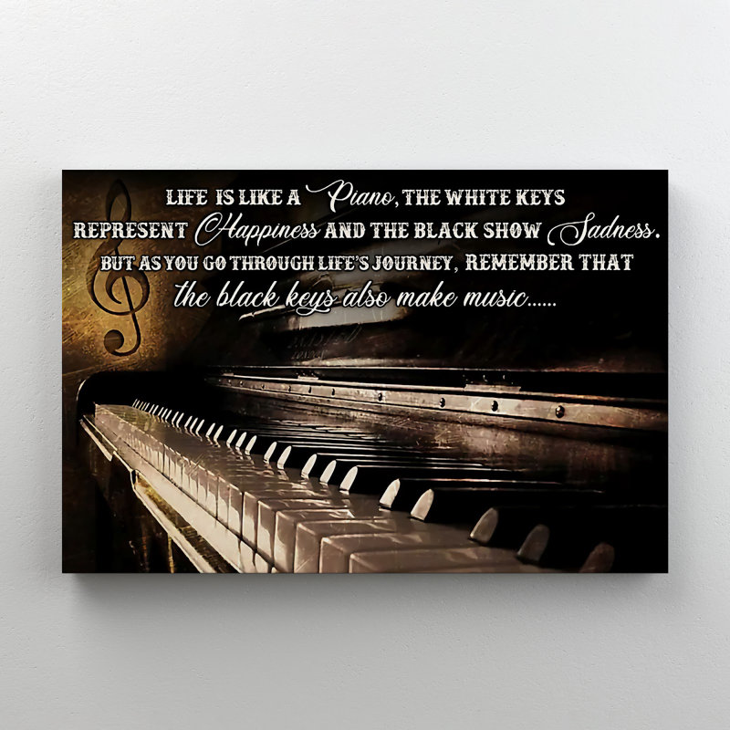 Piano sur fond brun - «Life Is Like A Piano», reproduction d'art graphique sur toile tendue, H 11 po x l 14 po x P 2 po