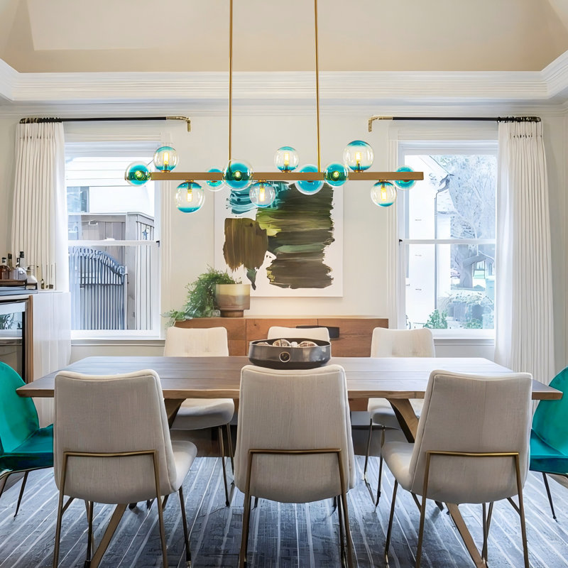 12 - Light Dimmable Bubble Glass Sputnik Modern Linear Chandelier, Blue, Gold