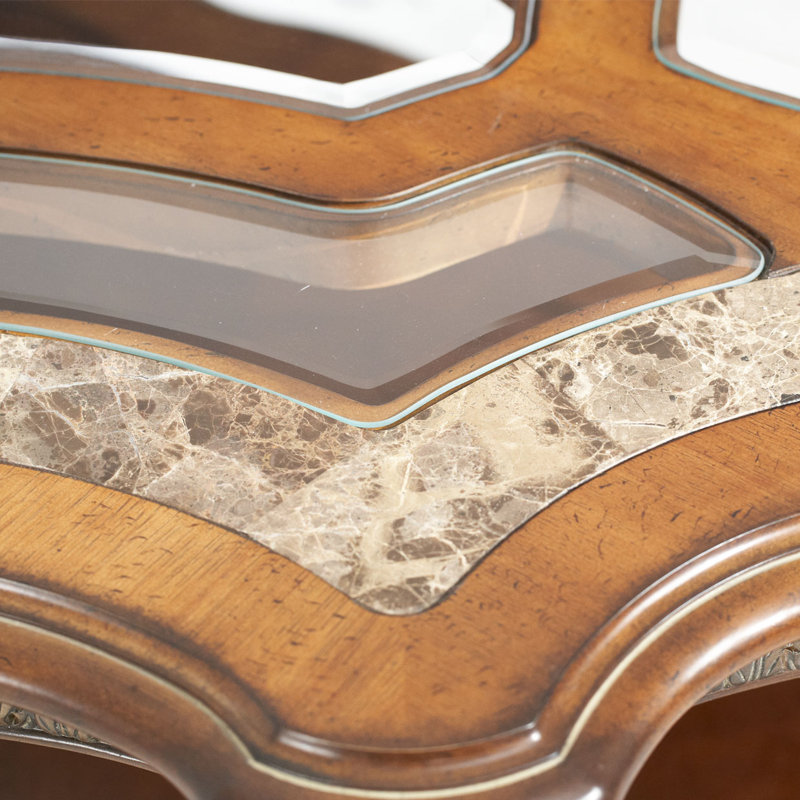 Classic Chestnut Rectangular Wood and Glass Cocktail Table with Marble Legs