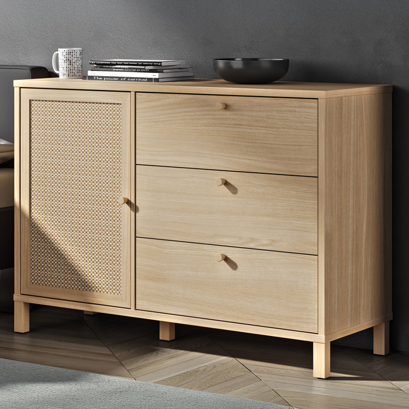 Skandi Style Chest of Drawers, 3 Drawers, 1 Door, Woven Front, Versatile Use, Engineered Wood, Light Oak Decor, 116.3 cm W x 82.5 cm H x 42 cm D