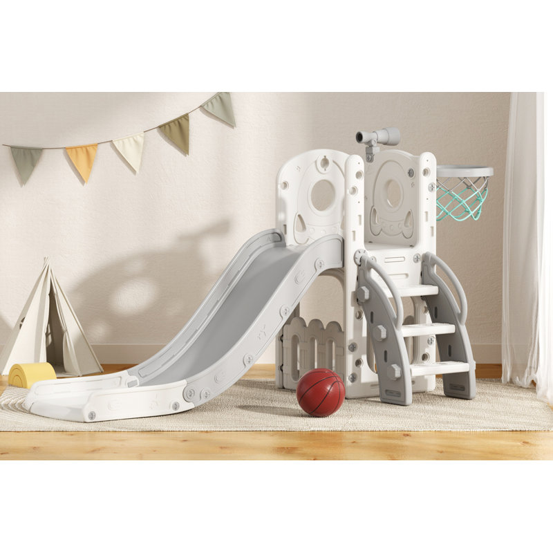 6 In 1 Kids Slide for Toddler Age 1-3 With Basketball Hoop Storage Space For Indoor Outdoor Use, Gray