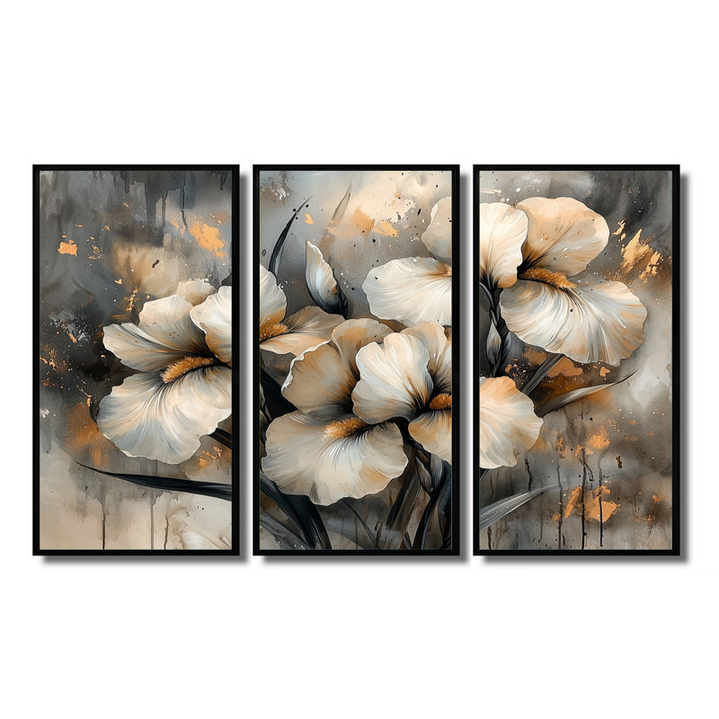 Jaune et gris iris Desire II - art mural iris - ensemble de 3, H 28 po x l 36 po, Noir