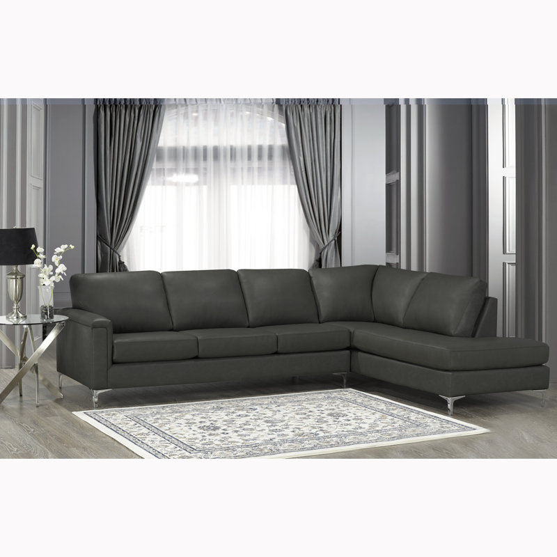 Platte Upholstered L-Shaped Sectional Right Hand Facing, Gray Genuine Leather