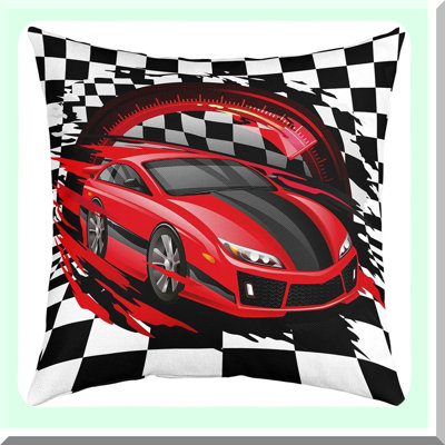 Speedy Grids Race Car Pillow Cover - Throw Cushion Case for Bed Sofa Couch - Red Sports Car Theme Decorative Square - Black White