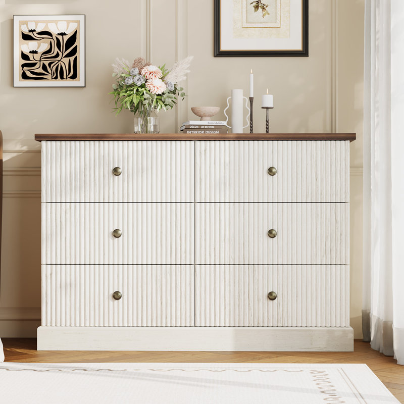 Modern 6-Drawer Dresser Chest - 47" Wide Fluted Panel Wood Cabinet - Space-Saving Storage - Metal Handles - Brown+White