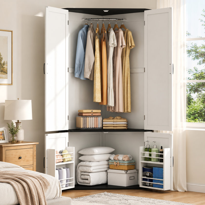 70.9'' Corner Wardrobe Armoire with Hanging Rod, Freestanding Corner Closet Storage Cabinet with Crossbuck Doors for Bedroom