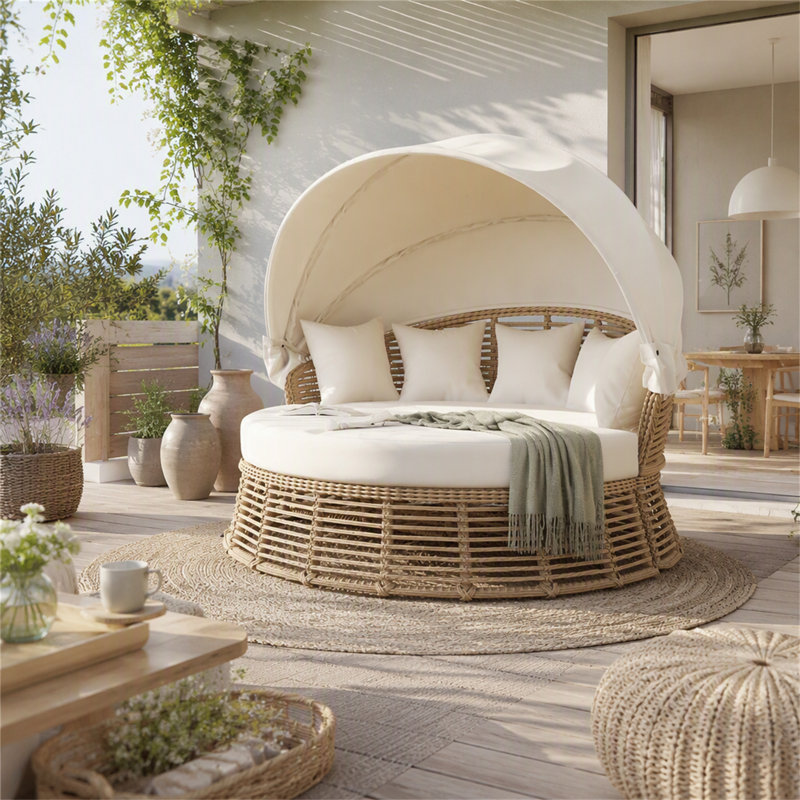 Outdoor Patio Rattan Round Daybed With Retractable Canopy
