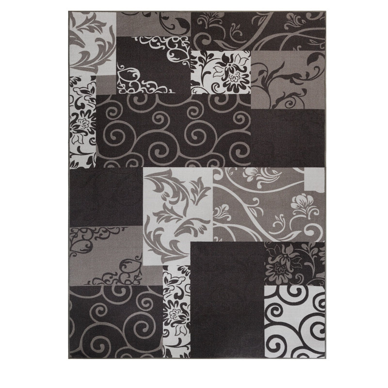 Tapis gris / noir en polypropylène tissé à la machine Audine, Rectangle 6 pi 5 po x 9 pi