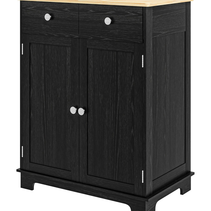Buffet de rangement de cuisine - comptoir en bois massif, 2 tiroirs, portes, tablette réglable dans une armoire noire patinée avec comptoir moderne pour une utilisation polyvalente