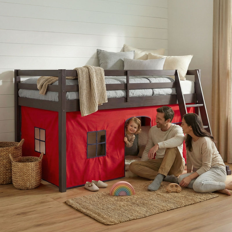 Roxy Twin Wood Junior Loft Bed - Espresso Frame with Red and Blue Bottom Tent, Espresso, Red