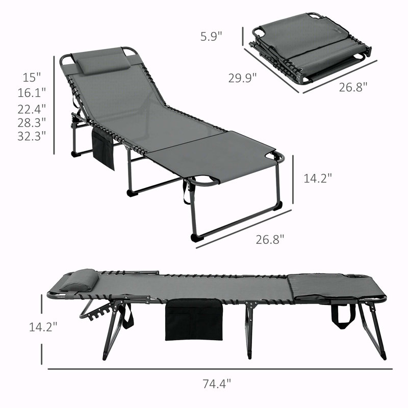 Aidean Portable Reclining Chaise Lounge Chair - 5-Position Adjustable Backrest, Removable Pillow & Side Pocket, Folding Sun Lounger for Patio, Pool, Camping (Supports 264 lbs)