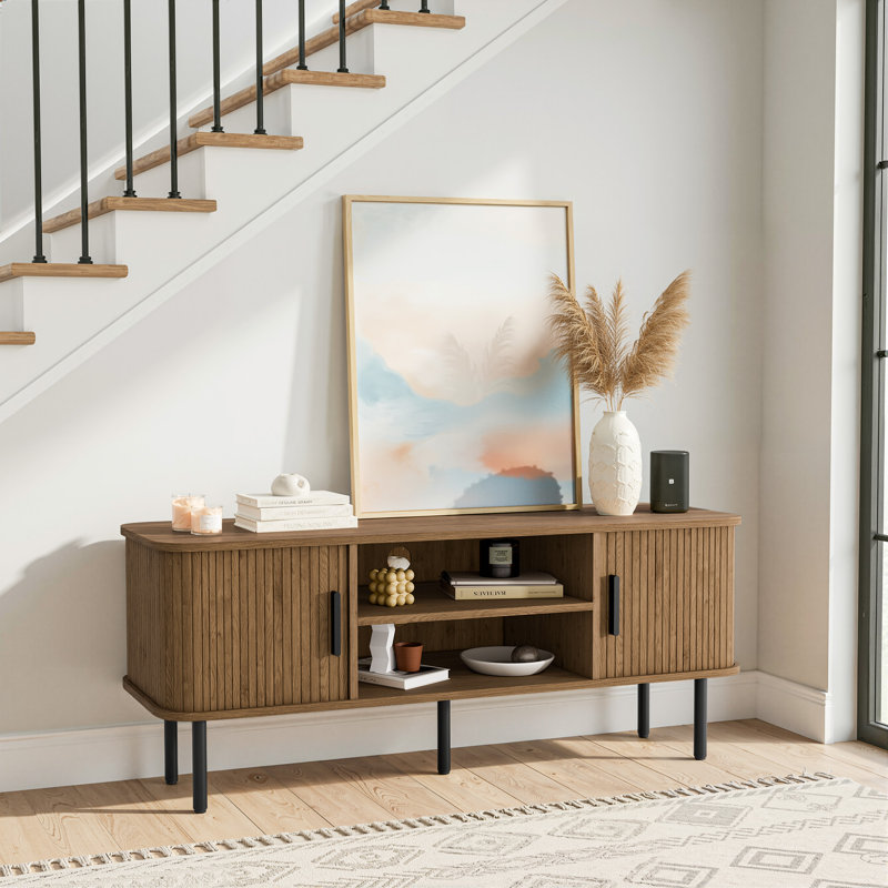 Meuble télé Mid-Century, meuble télé Tambour avec armoire de rangement et tablette pour téléviseur de 60 po, brun noyer, Brun