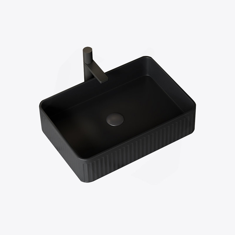 20'' Bathroom Sink, Rectangular Striped Vessel Ceramic Basin Without Faucet, NO Cabinet, Black, Black