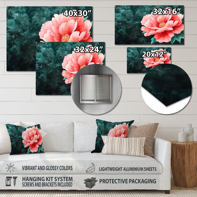 Pivoine rose d'été en pleine floraison II - décoration murale florale en métal, pivoine, H 16 po x l 32 po x P 0,84 po