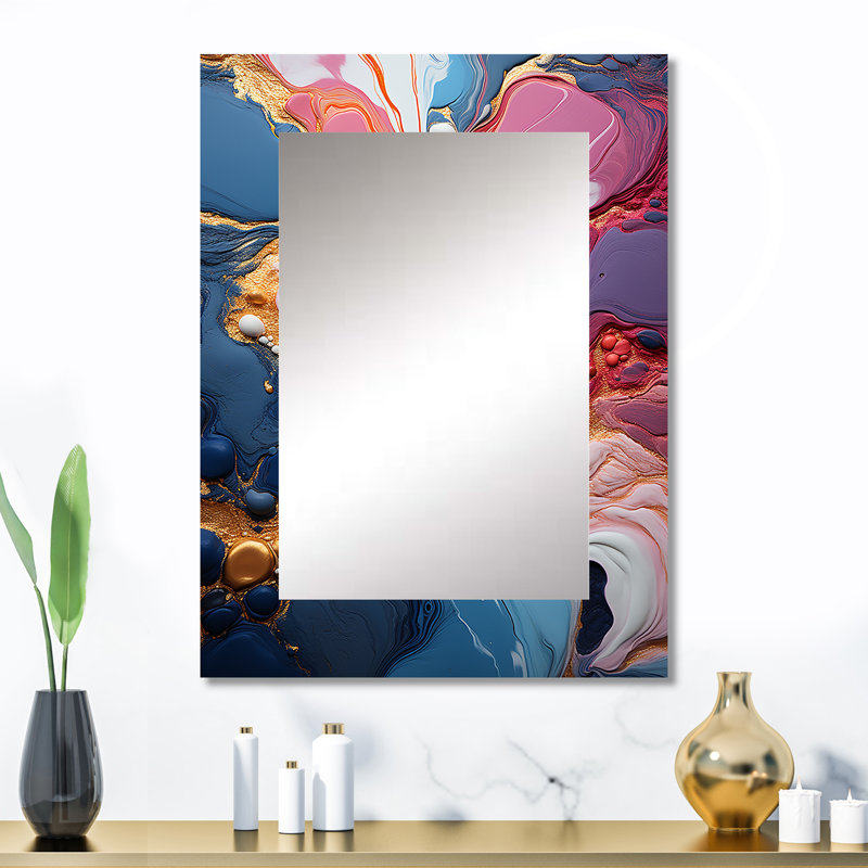 Trippy rose bleu abstrait liquide encre I - grand miroir mural à encre liquide, 32 po x 24 po