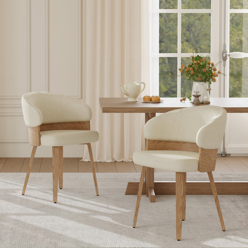 Modern Upholstered Wing Back Side Dining Chair With Solid Wood Legs, Beige