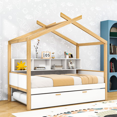 Wooden House Bed With Twin Pull-Out Trundle And Bookshelf Storage
