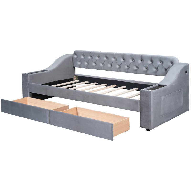 Lit de jour simple gris rembourré avec ports et rangement - Élégante pièce à coucher moderne incontournable, Gris