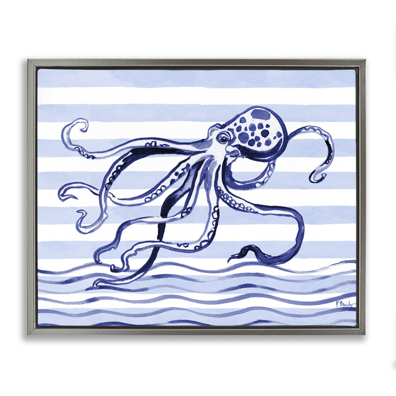 Cadre flottant Indigo Brushstroke Octopus, design par Paul Brent, H 17 po x l 21 po, Cadre flottant gris lustré