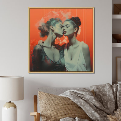 " Vintage Love Woman Kissing I " Mixed Media and Color Photography Print