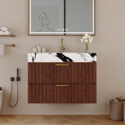 Modern Floating Bathroom Vanity with Seamless Sintered Stone Top & Ceramic Basin – 2 Soft-Close Drawers, Wall-Mounted