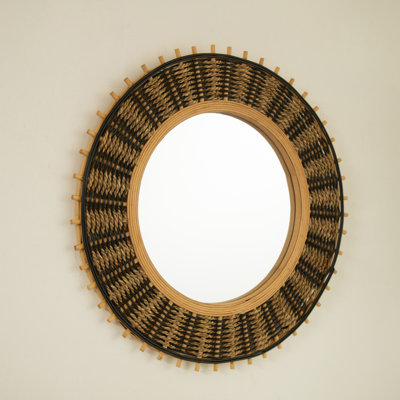 Decorative Round Bamboo Wall Mirror With Light Yellow & Black Hemp Rope, Eco Art Accent For Bathroom, Bedroom, Living Room, Entryway