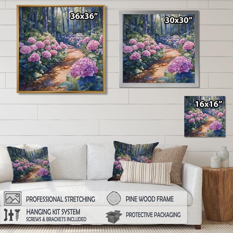 Hortensias dans le chemin forestier - hydrangées, décoration murale, Impression encadrée flottante, Noir, H 16 po x l 16 po