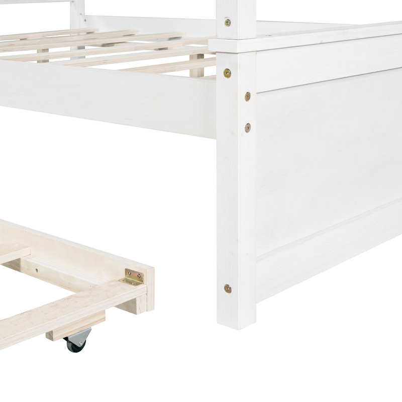 Wood Canopy Bed With Trundle Bed ,Size Canopy Platform Bed With Support Slats .No Box Spring Needed, Brushed