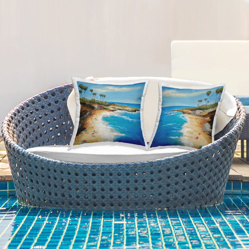Tropical Beach Landscape Blue Square Outdoor Throw Pillow Set