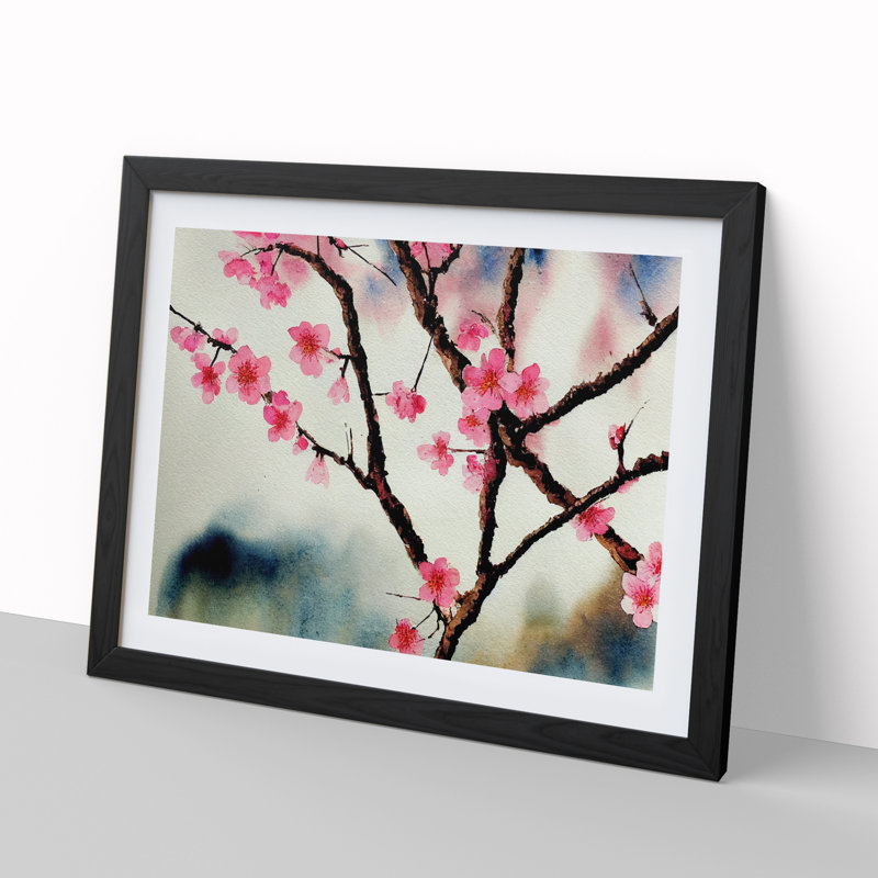 XH1022-1953X Cherry Blossom Watercolour Flowers Vol.4 - Single Picture Frame Painting, Black, 46cm H x 64cm W x 2cm D