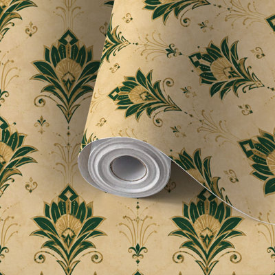 Papier contact adhésif auto-adhésif et amovible Art déco or vert floral beige transparent auto-adhésif et amovible 24 po x 118 po (60 x 300 cm)