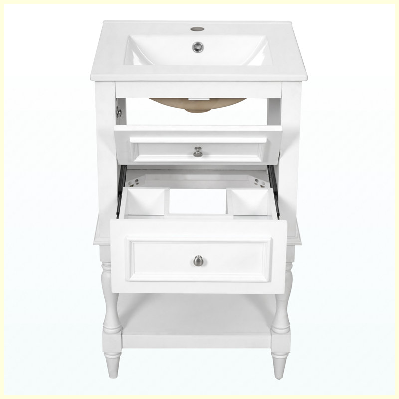 Meuble-lavabo rétro 20 po avec lavabo en céramique, armoire de rangement avec tablette ouverte et 2 tiroirs, White