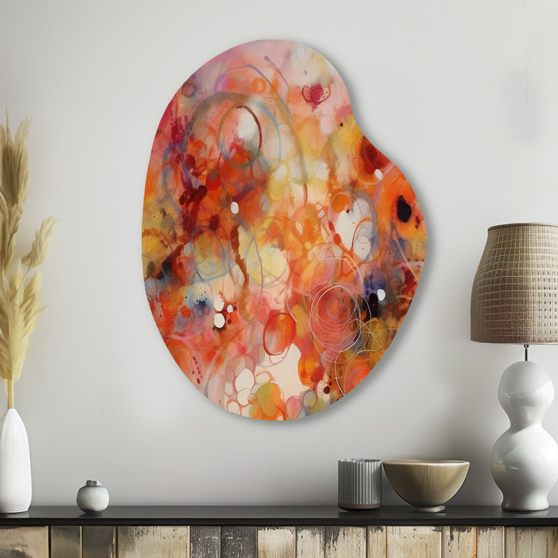 Orange orange rouge marbré Dreamscape II - impression géométrique asymétrique sur métal, décoration murale moderne de forme unique en métal