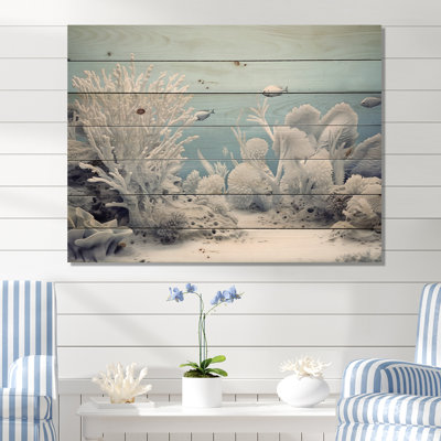 Coastal White Coral Serenity - Coastal Coral Under Water Wood Wall Art On Natural Pine Wood