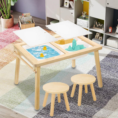 Kids Sensory Table  Sand Water Play Table  And Chair Set With 3 Storage Bins 1 Paper Roller – Solid Wood Activity Table With 2 Stools For Play, Study, And Art