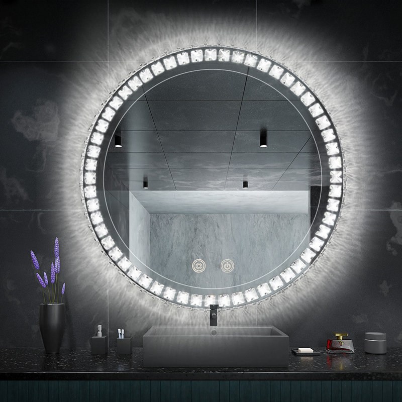 Hetem Round Crystal Bathroom LED Mirror Dimmable Wall Mounted LED Markup Mirror 3CCT, 32" x 32"