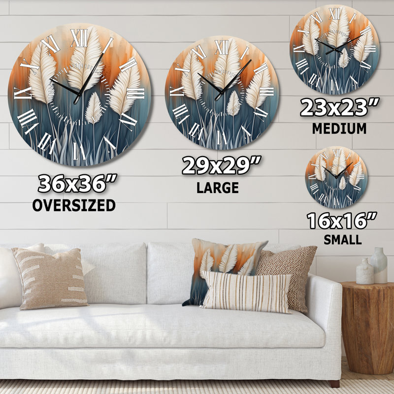 Pampas dessinée à l'encre I - Horloge murale ronde en métal bohème silencieuse, Surdimensionné