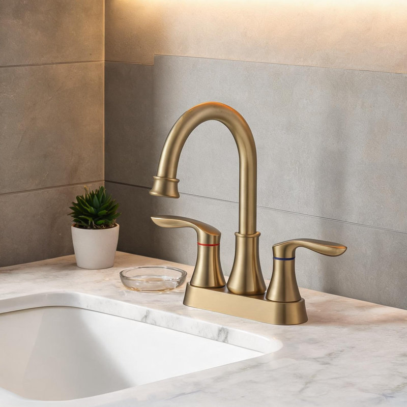 Robinet de salle de bain central à deux poignées en métal doré avec bec pivotant à 360 °, style moderne, 4 pouces