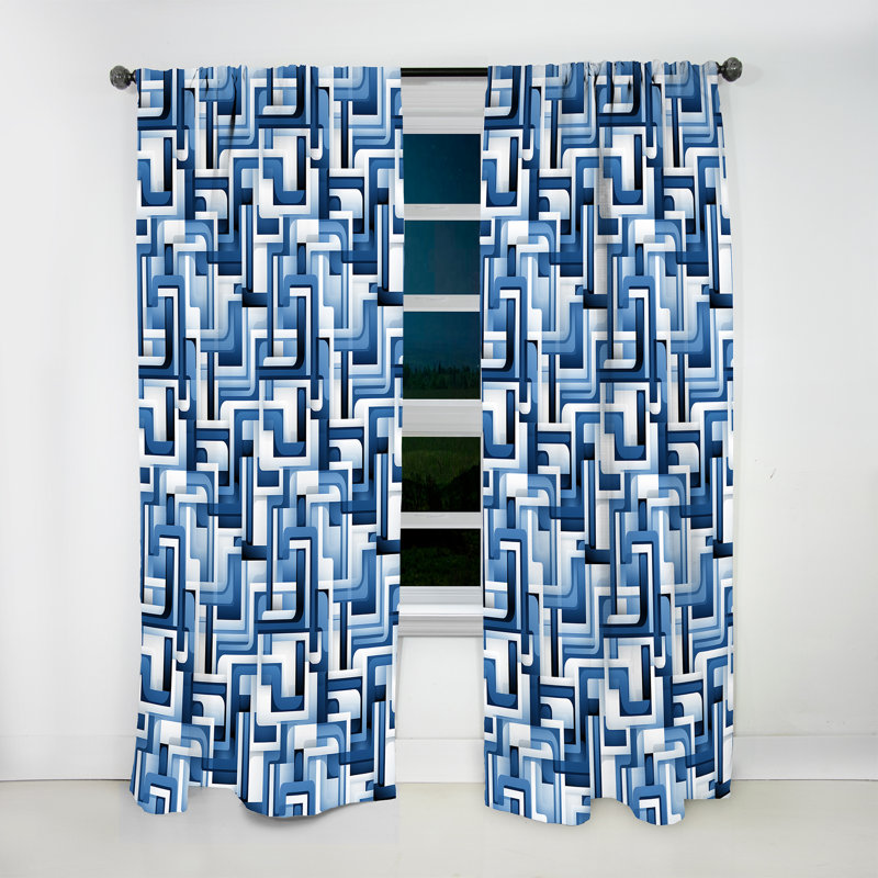 White And Blue Geometric Blocks Harmony I - Abstract Geometric Room Darkening Curtain - 1 Panels, 52" W x 108" L