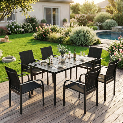 Ensemble de salle à manger d'extérieur 7 pièces pour table rectangulaire en métal de 6 po et 55 po avec finition grain de bois et chaises empilables en textilène, ensemble de meubles de patio toutes saisons pour la cour, le jardin et la piscine