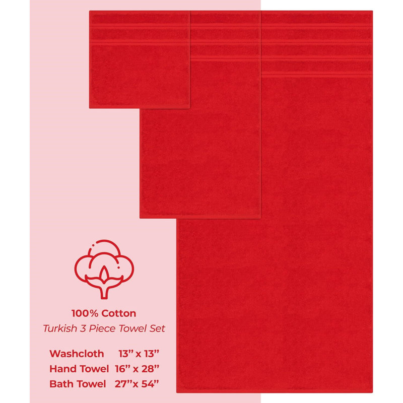 100% Cotton 3 Piece Turkish Bath Towel Set,  Super Soft and Absorbent Darcelle Collection, Red