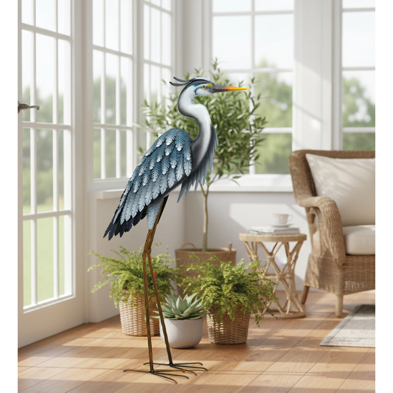 Statue de jardin en métal Blue Heron avec finition résistante aux intempéries et conception tridimensionnelle détaillée - Up