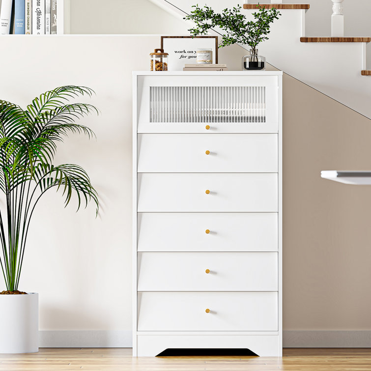 Nyima Dresser for Bedroom with 10 Drawers, Tall White Dresser Organizer with Wood Top & Leather Front Mercer41