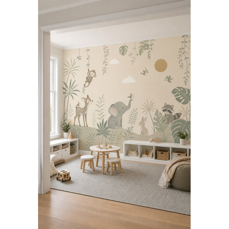 Papier peint Jungle Nursery, animaux tropicaux, aquarelle, 100"x96", Peler et coller