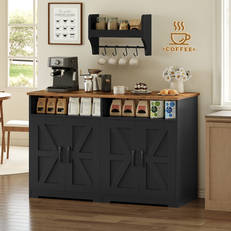 Buffet Almus 47,2 po avec tablette flottante double fonction, 4 crochets et tablettes réglables, Noir et brun rustique