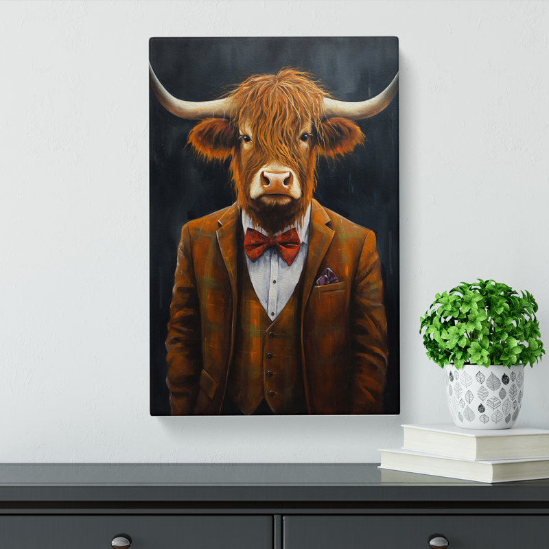 Highland Cow in a Suit Painting - Wrapped Canvas, 76cm H x 50cm W x 3cm D