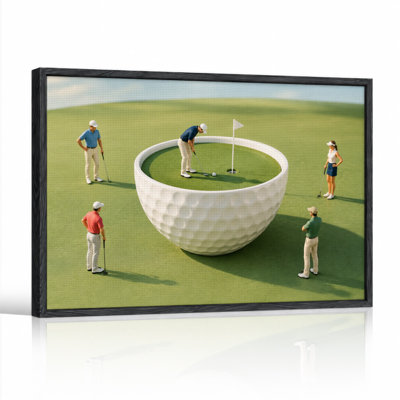 Miniature Golfers On Giant White Golf Ball Putting Green Canvas Wall Art