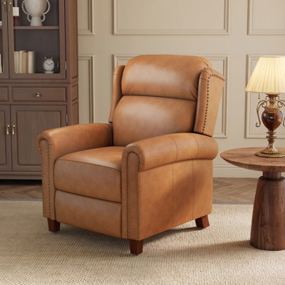 Eloi 33.1" Wide Vintage Top Grain Leather Wingback Push-Back Recliner With Nailhead Trim