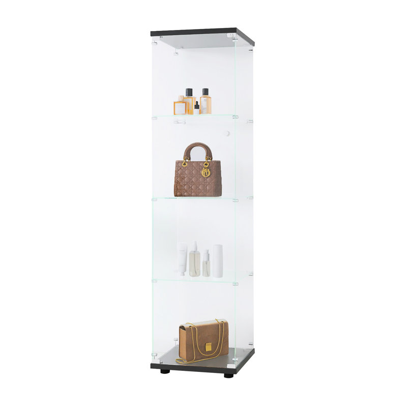 Floor Standing Black Glass Display Cabinet, 4 Shelves With Door, 64.7"X16.7"X14.3", For Living Room Bedroom Office - Attractive Showcase Unit Cabinet Shelves, Black, Well
