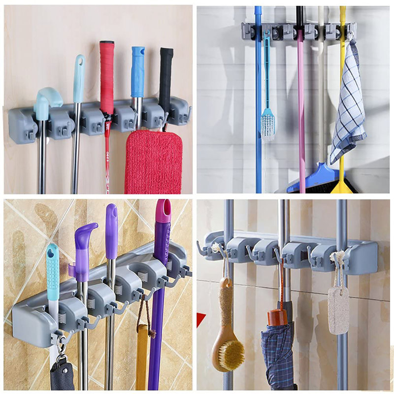 Wall Mounted Organizer with 5 Position 6 Hooks for Broom, Grey